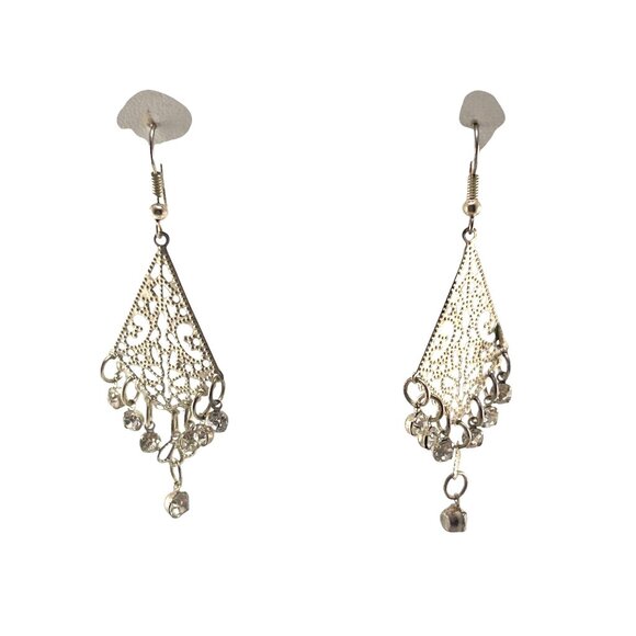 Vintage Silver Filigree Triangle Dangle Earrings Statement Boho Tribal Jewelry - Picture 6 of 8